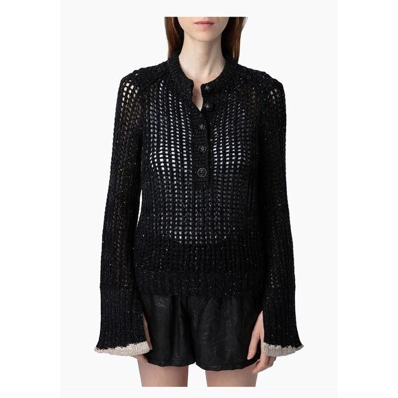 Zadig & Voltaire Halty Weco Cashmere Blend Open Knit Top in Noir S - Picture 2 of 6